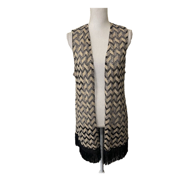 Chicos Fringe‎ Vest Womens Sz 2 US 12 Black Brown Metallic Chevron Open Boho - Picture 1 of 10